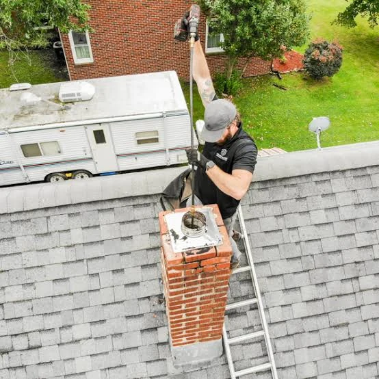 Technician servicing a chimney cap and flue opening from the roof